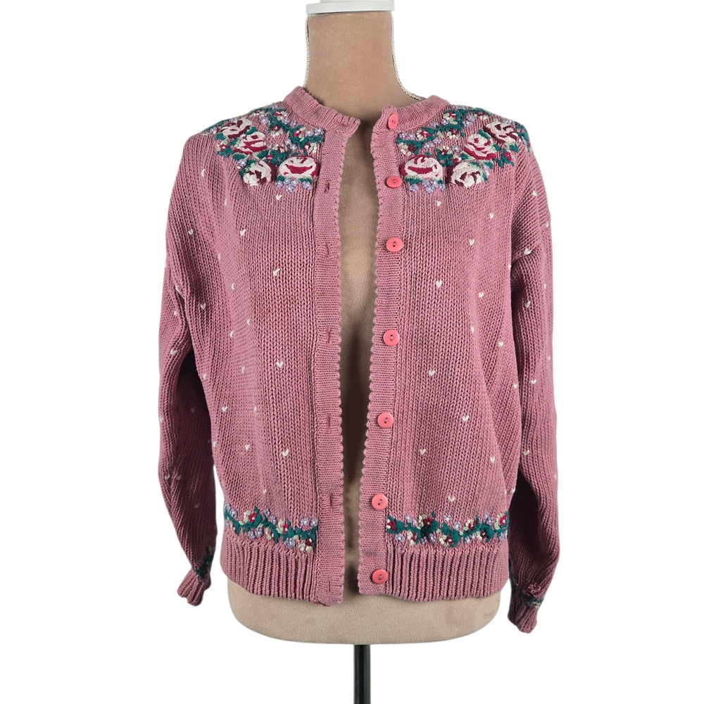 Vintage Cape Isle Knitters Pink Cardigan Sweater Embroidered Size Medium